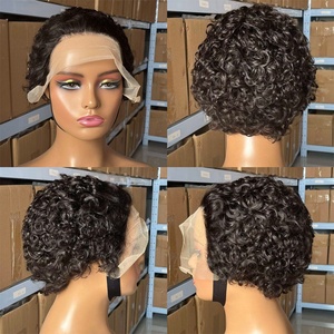 Perruque <span class=keywords><strong>courte</strong></span> en <span class=keywords><strong>cheveux</strong></span> humains vierges, <span class=keywords><strong>coupe</strong></span> pixie, vague d'eau bouclée, couleur naturelle, densité 180%, perruque à dentelle frontale 13x1, 6 pouces - Product Image 3