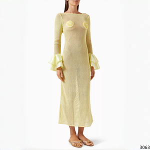 <span class=keywords><strong>Robe</strong></span> longue d'été en maille crochetée pour <span class=keywords><strong>femme</strong></span>, motif citron, manches longues à volants, dos nu, style cache-maillot, <span class=keywords><strong>robe</strong></span> <span class=keywords><strong>pull</strong></span> maxi - Product Image 1