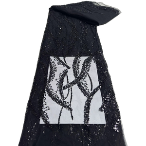 Tela de Encaje Francés Negra de Lujo NI.AI Aso Ebi con Cuentas y Lentejuelas Bordadas, Tela de Encaje con Cuentas para Vestido de Novia - Product Image 1
