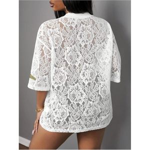 Chemisier en jersey à dentelle florale pour femme, numéro 23, col en V transparent, manches courtes, haut d'été ample, respirant, en maille, vêtement de sport - Product Image 2