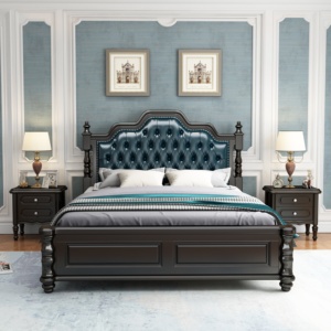 Luxury Dark Blue Tufted Modern Soft <b>Bed</b> Full Size Leather Upholstery Oak Wood <b>Frame</b> for Bedroom Furniture - Product Image 1