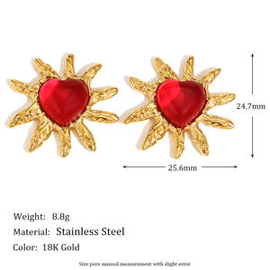 Kalung baja tahan karat 18K batu akik merah berlapis emas anting-anting sinar matahari cinta untuk hadiah - Product Image 5
