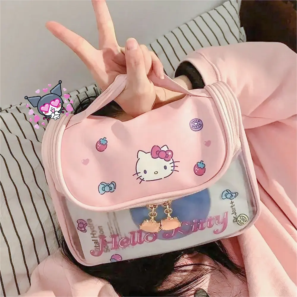 Borsa per il trucco con cerniera KT Kawaii Sanrioed Kuromi Cinnamoroll grande capacità impermeabile portatile Y2k da donna