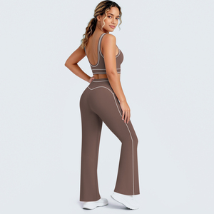 Set Yoga <span class=keywords><strong>con</strong></span> Logo Personalizzato, Pantaloni Morbidi a Gamba Larga, <span class=keywords><strong>Reggiseno</strong></span> <span class=keywords><strong>Sportivo</strong></span> Imbottito e Completo da Allenamento per Donne - Product Image 3