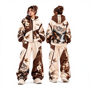 Conjunto de chándal con capucha para mujer, manga larga, cierre de cremallera, ajuste holgado, estampado de puntos y leopardo, ligero, 2 en 1, ropa informal de otoño - Product Image 1