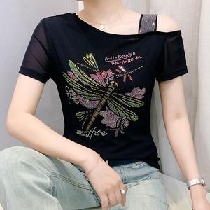 Filles à la mode dentelle Organza t-shirts luxe strass <span class=keywords><strong>libellule</strong></span> manches courtes haut pour femme Double couche glace soie maille T-shirt - Product Image 3
