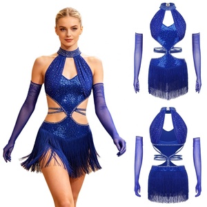 Women Practice Wear Training Latin Dance Fringed Dress With Long Gloves <b>Sequined</b> Dresses For Performance Competition Stage Shows - Product Image 3