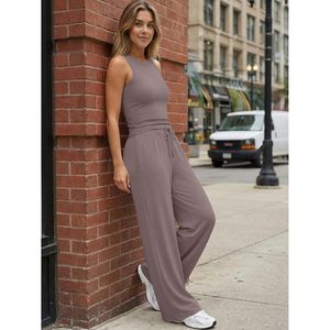 Women's 2 Piece Summer Lounge Set Butter Soft Tank Top High Waisted Wide Leg Pants With <b>Pockets</b> Casual Wear - Product Image 6