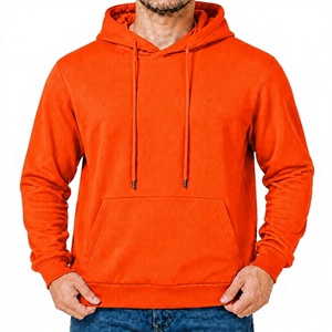 Men's Orange <b>Hooded</b> <b>Fleece</b> Sweatshirt Regular Fit Solid Color Casual Pullover with Front Pocket Autumn Wear - Product Image 1