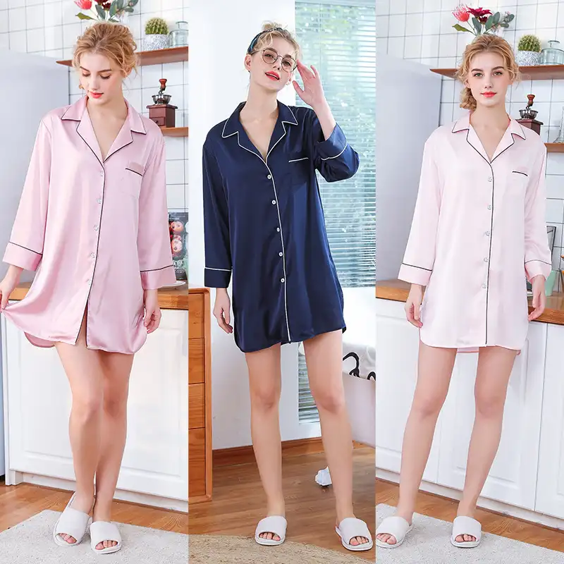 HSZ SQ19142 night dress home wear sleep wear shirt pyjama women comfortable silk pajamas sleepwear wholesale girl ladies