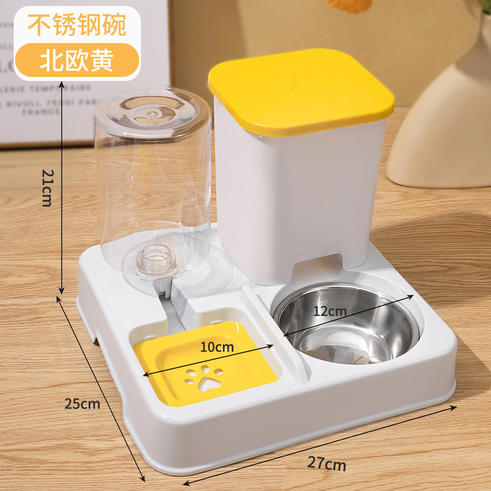 yellow and white square feeder + stainless steel bowl