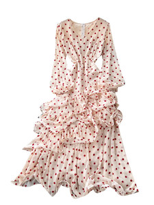 Nuovo Abito Estivo da Donna con Scollo a V a Pois, Orlo Irregolare e Balze, Elegante Gonna a Strati Stile Torta - Product Image 5