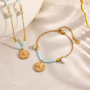 Stainless Steel Beaded Necklace With Natural Stone And Diamond Pendant Circle Sun <b>Design</b> Trip Fashion Jewelry - Product Image 3