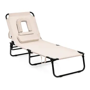 YG-B001 Folding Lounge Chair for Beach Poolside Balcony Patio, Portable Recliner w/Tanning Face Down Hole and Pillow