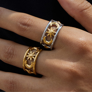 Star <b>Moon</b> Openwork <b>Ring</b> 18K Gold Stainless Steel Unisex Fashion Jewelry Gift - Product Image 2