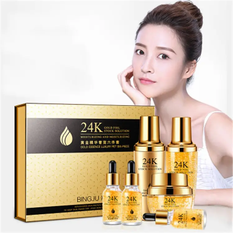 BINGJU Produk Kosmetik 24K, Perawatan Kulit Emas 24K Set Anti Penuaan Pencerah Oem Label Pribadi Perawatan Kulit