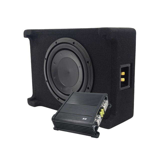 Subwoofer 10 Inch Slim Passive Enclosure with Mono Amp & Full Wiring Kit, DC 12V, Non-Destructive Bass Upgrade