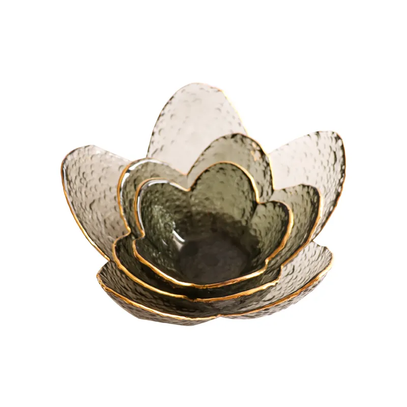 Creative Japanese cigarette grey lacquer gold petal glass bowl irregular fruit bowl salad bowl set in stock custom color design