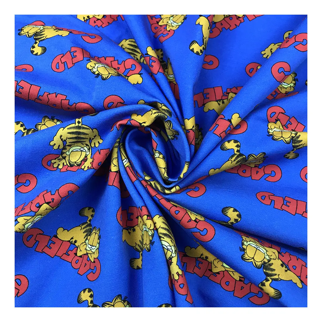 The factory outlet garfields cartoon design custom digital printing 4 way jersey tricot fabric cotton for clothing