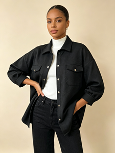 Custom <b>Women</b> Shirt Jacket Lapel Long Sleeve Textured Shacket Button Down Casual Ladies Outer <b>Coat</b> - Product Image 2