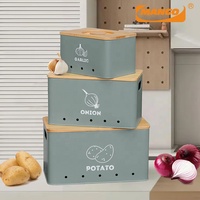 Boîte de rangement rectangulaire pour pommes de terre pomme de terre oignon ail boîte de rangement pour aliments lot de 3 trous de rangement en étain avec couvercle en bambou