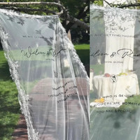 Bannière de toile de fond de mariage en tulle à bordure dentelle avec texte personnalisé, panneau transparent personnalisé pour cérémonie en extérieur, fête, décoration de photomaton