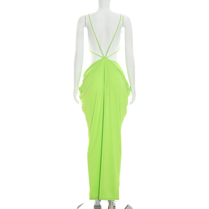 Robe longue plissée moulante et élégante sans manches à bretelles et dos nu de couleur unie pour femme Viviblook D26DS164 - Product Image 2