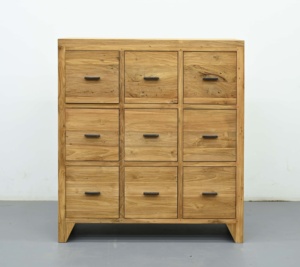 Cómoda Antigua de Teca con 9 Cajones Hechos a Mano y Patas Cónicas, Cajonera de Madera Reciclada con Textura Envejecida para Dormitorio - Product Image 6