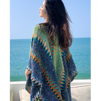 Damen Herbst Winter Strick-Poncho Cardigan Boho Ethnisch Geometrisch Farbblock Cape Schal Wickel mit Quasten Fransen Loser Pullover Oberbekleidung