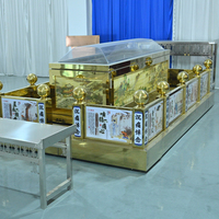 Plataforma de exhibición funeraria de titanio dorado con refrigeración por aire, barandillas exteriores/interiores, carro para ataúdes personalizado, limitador de ataúd
