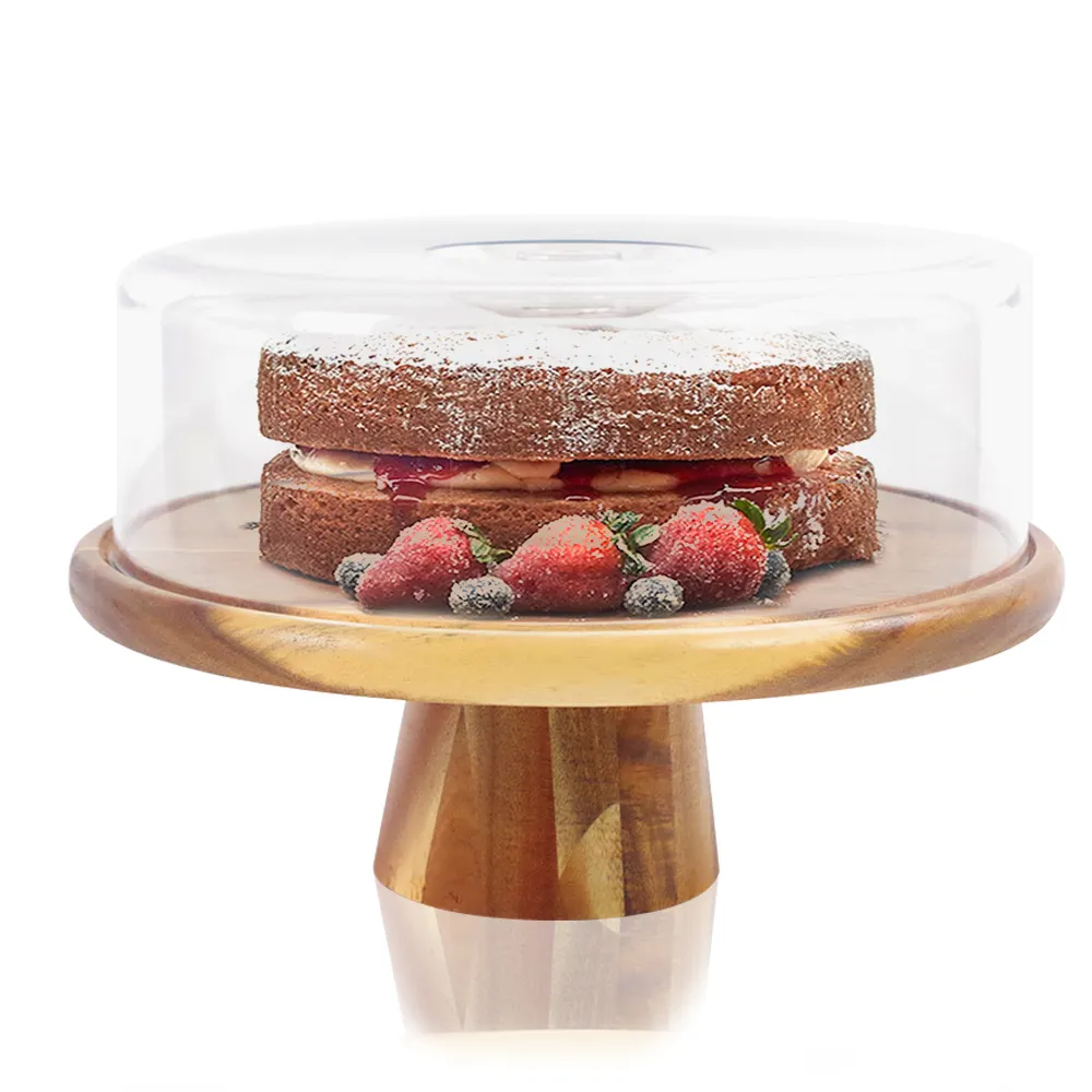 Atacado personalizado de madeira acácia, placa redonda para bolo, servir bandejas de alimentos criativas com domo de vidro