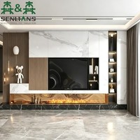 Meuble TV mural de luxe SLS avec foyer électrique, motif marbre, garniture en bois cannelé, unité de rangement TV moderne