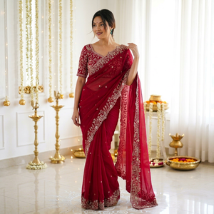 AARA Fashion <b>Red</b> Embroidered Silk Saree <b>Blouse</b> for Women Wedding Traditional Indian/Pakistani Wear Floor Length Regular Fit Sun - Product Image 1