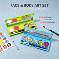 Ensemble de peinture pour le visage et le corps multi-couleurs, écologique, non toxique, peinture crème + palette de paillettes, pinceau miroir pour les fêtes d'enfants