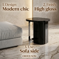 Table d'appoint ovale en verre noir poli de luxe, cadre asymétrique, forme capsule, mobilier moderne pour salon de villa, garantie 10 ans