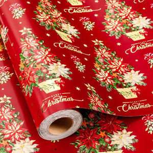 Papier d'emballage doré Joyeux Noël, rouge et vert, réversible, motif floral de sapin de Noël et de mistletoe - Product Image 2