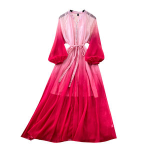 Tunique <span class=keywords><strong>romaine</strong></span> d'été Bandage Casual Midi Dress For Women Lantern Sleeve Empire Gradient Mesh Dress - Product Image 5