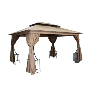 10' x 12' Outdoor Soft Top Gazebo with Curtains, 2-Tier Steel Frame Gazebo for Patio,beige