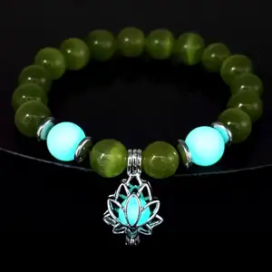 Pendurado Lotus Luminous Bead Charm Bracelet 10 MM Opal Tiger Eye Lava Pedra Frisada Pulseiras