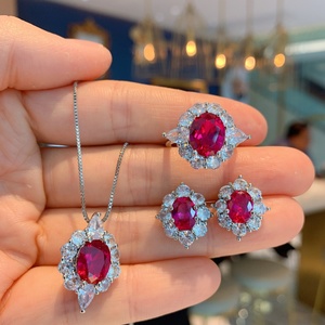 Fashion Eco-friendly Copper Minimalist Oval Cut 8*10/6*8mm Red Zircon Necklace and Ring <b>Set</b> for Sleek Everyday Style - Product Image 1