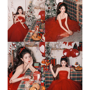 Red Strapless Ball Gown Cocktail Dress With Ruffles Natural Waistline For Wedding Banquet Photography Studio - Product Image 2