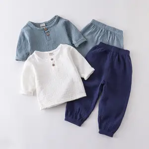 2024 été 2 pièces enfants costumes T-shirt et pantalon couleur unie coton lin enfants garçons vêtements ensembles