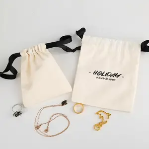 Mini pouch custom logo white/black cotton 100% canvas drawstring bags for gift jewelry packaging bags