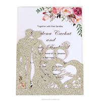 Carte d'invitation en papier pailleté avec portrait au laser or rose, cartes en forme de cœur et cartes de vœux personnalisées avec poche pailletée Mr et Mme