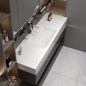 Bathroom Vanity <b>Combination</b> Grey Slab Countertop With Mirror Light And Storage Shelf - Product Image 3