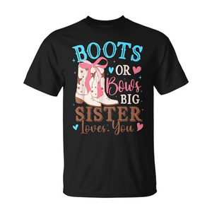 Camiseta unisex con cuello redondo y manga corta con estampado digital de Boots Or Bows Big Sister Loves You, camiseta para adultos para reuniones familiares - Product Image 3
