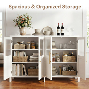 Armoire de rangement moderne en bois massif à 4 portes avec portes en verre et poignées dorées pour salon et salle à manger - Product Image 2