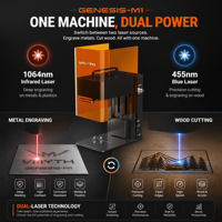 Máquina de Grabado y Marcado Láser Dual, 2W IR 1064nm, 10W Diodo 455nm, 5000mm/s, Software LightBurn GRBL, WiFi, IOS, Android, Escritorio