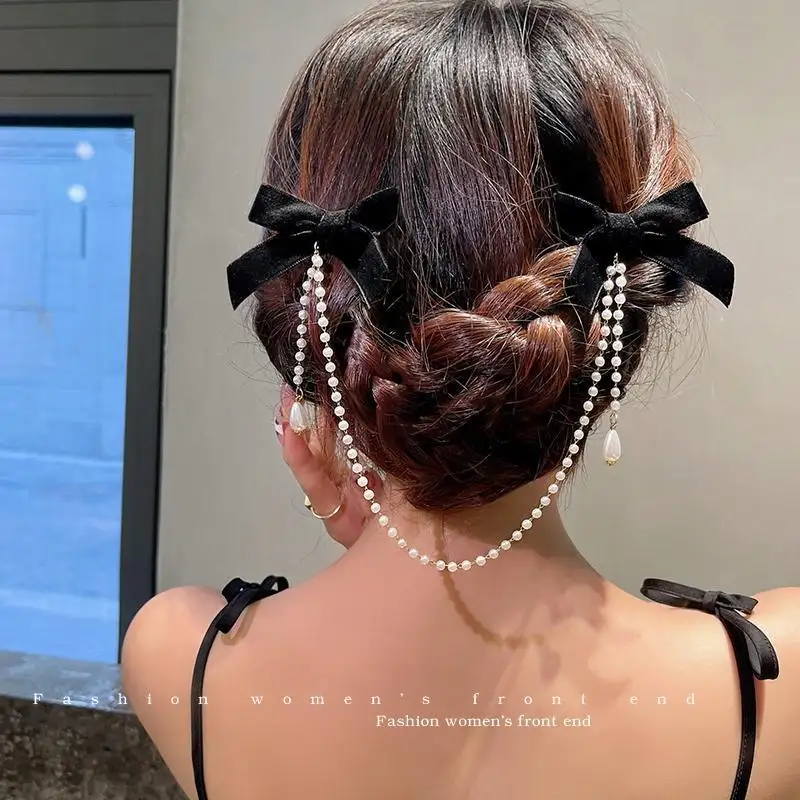 Tassel Elegante Vintage Bow Pérola Cadeia Hairpins Doce Cabelo Decore Headband Hair Clips Para Moda Acessórios Para Cabelo