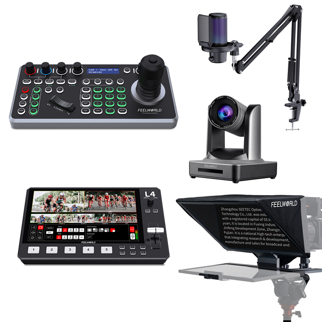 FEELWORLD L4 Switcher, POE20X PTZ Camera, KBC20N Controller, TP16 Teleprompter, VM1 Mic - OEM Factory Custom Broadcast Kit